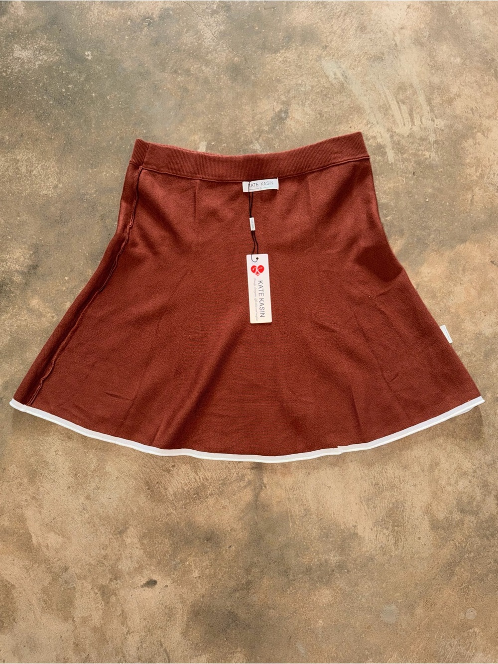 NWT Kate Kasin XL Coffee Brown Knit A-Line Skirt White Trim Preppy Mini - Picture 8 of 9